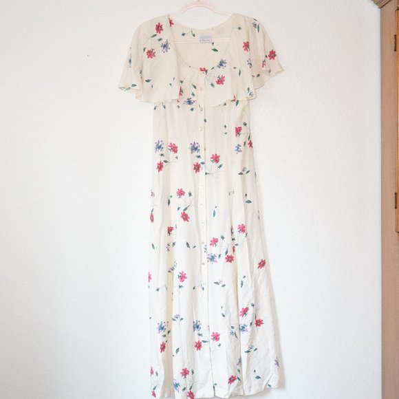 Vintage Dresses Vintage 8s Button Down Floral Dress With Cape